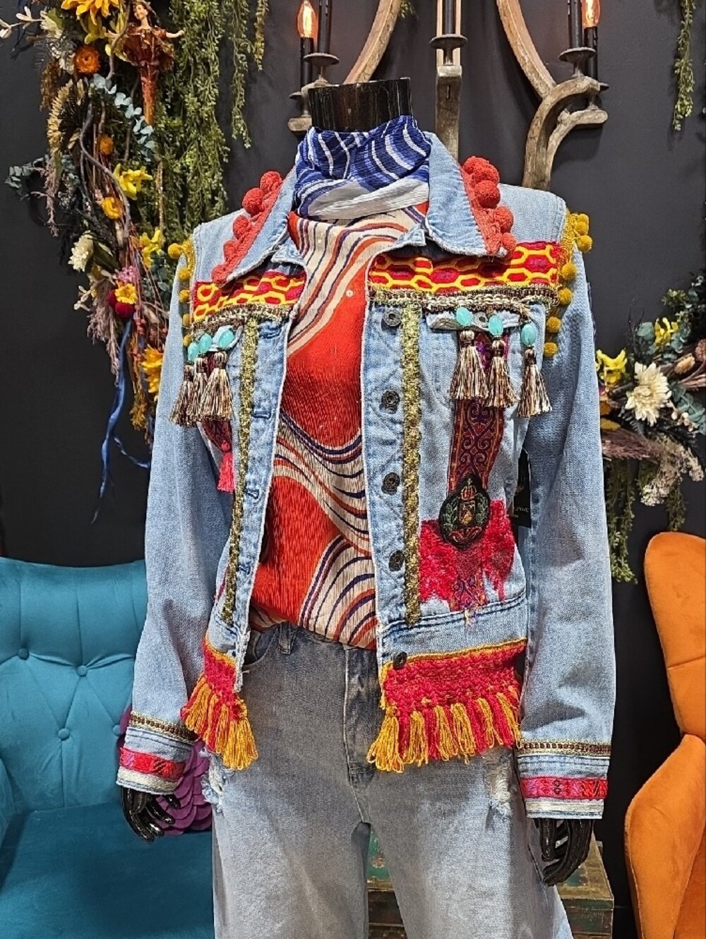 Artisan Embellished Light Wash Denim Jean Jacket -OOAK - Picture 2 of 16